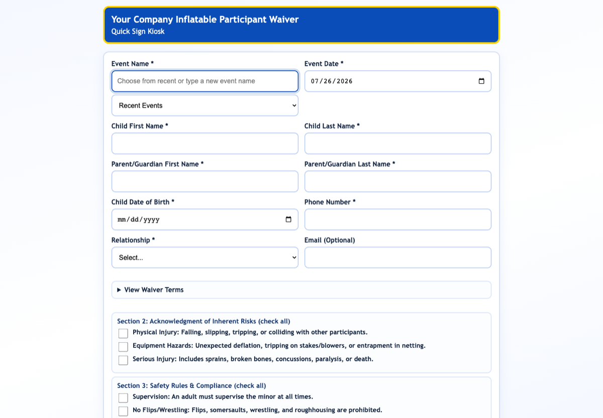 Fletch Form Pro waiver kiosk with required signature fields